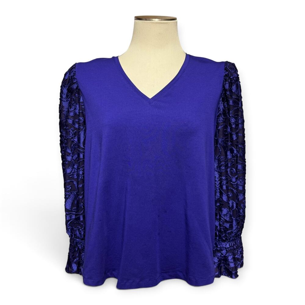 Chico's Floral Puff Bell Sleeve Blouse Top V-Neck Purple XL